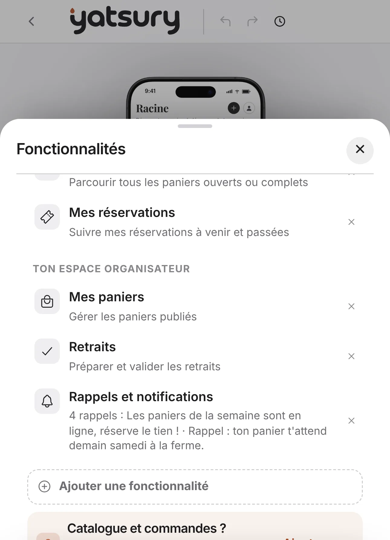 Le studio montre l'app en clair : ce que l'app fait, l'espace organisateur, les rappels, et le bouton Ajouter une fonctionnalité