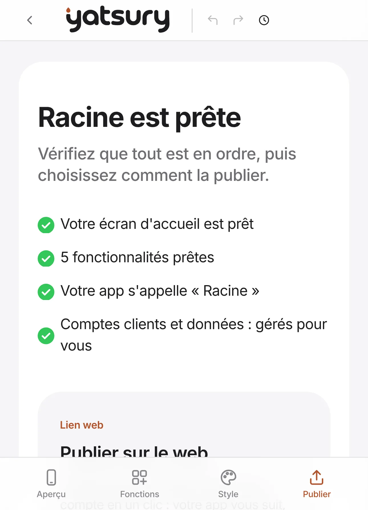Page de publication du studio : « Racine est prête », vérifications, puis publication sur le web
